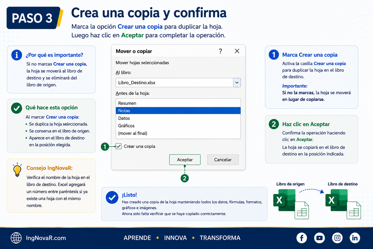 Marcar Crear una copia y Aceptar en Excel