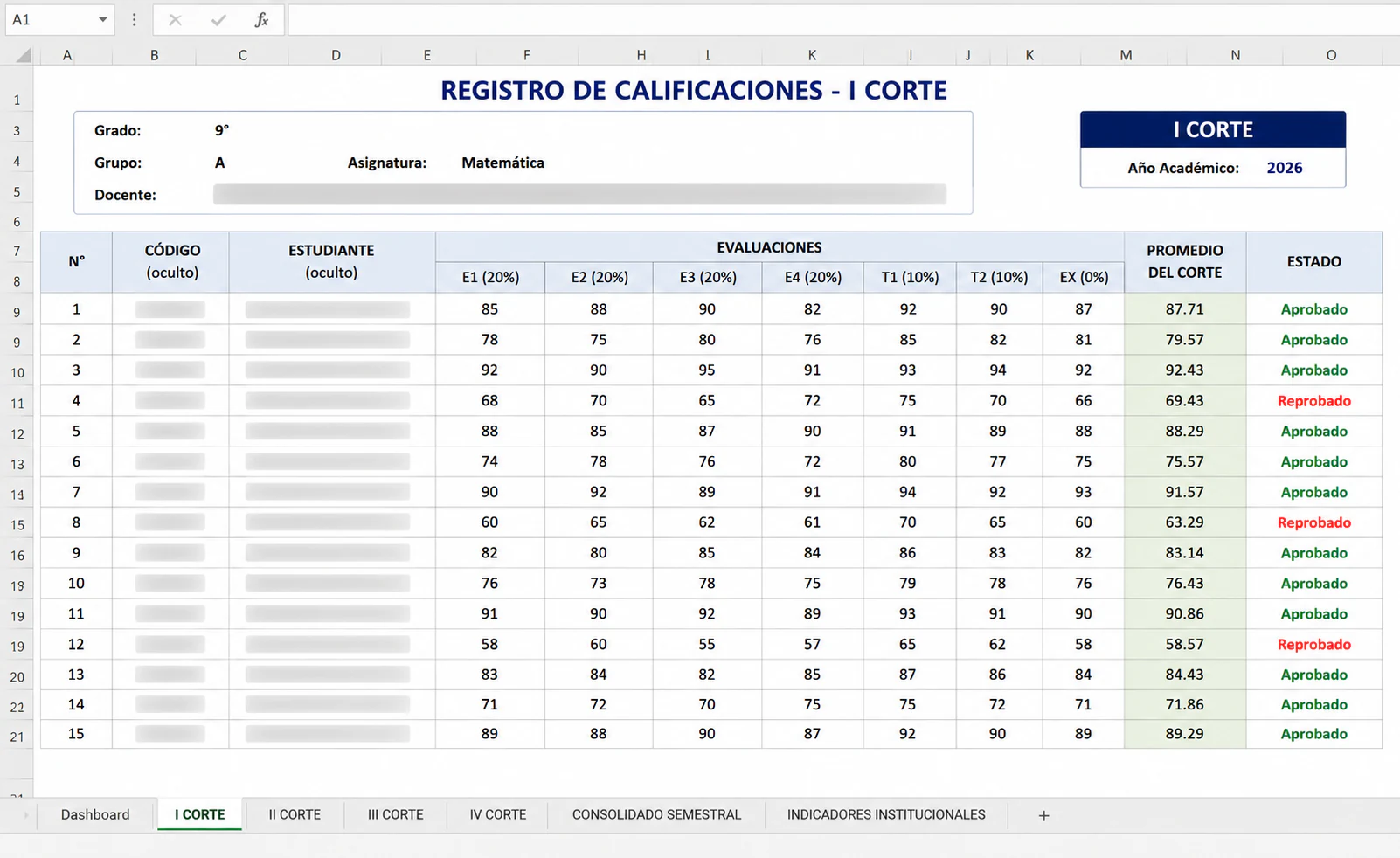 Registro automatizado de calificaciones por corte evaluativo