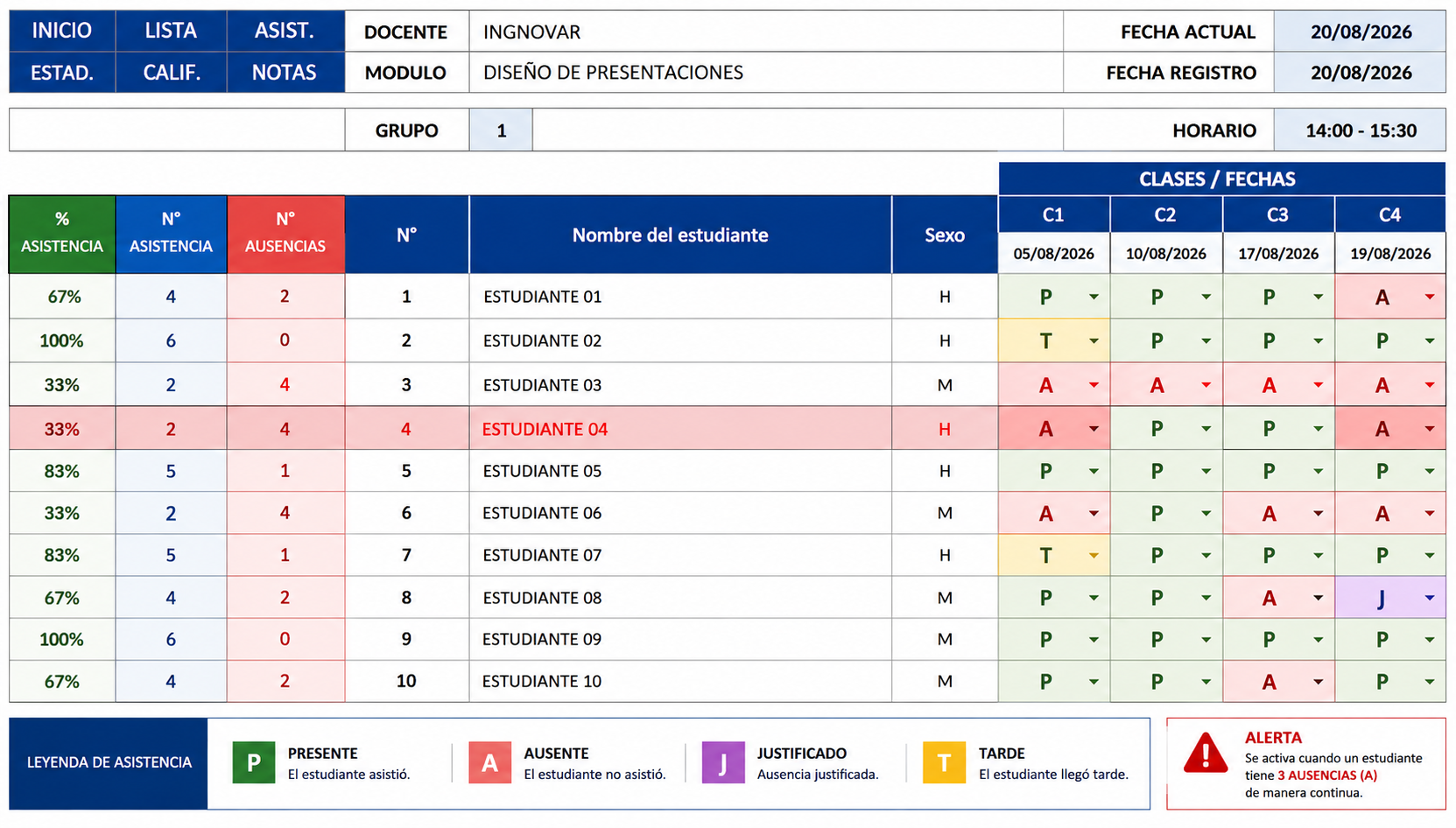 Registro individual de asistencia estudiantil por grupo