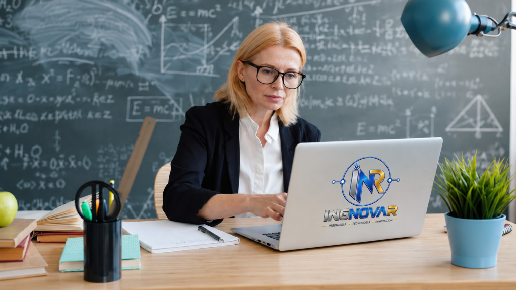 Docente utilizando una computadora portátil con el logotipo de INGNOVAR como apoyo para el trabajo educativo con inteligencia artificial