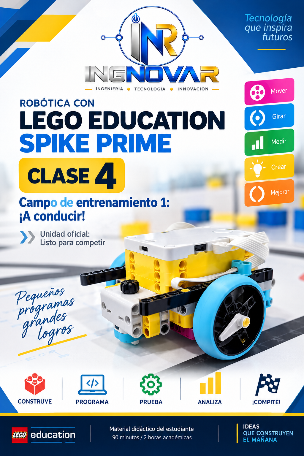 Portada de la Clase 4 de Robótica con LEGO Education SPIKE Prime: Campo de entrenamiento 1, ¡A conducir!