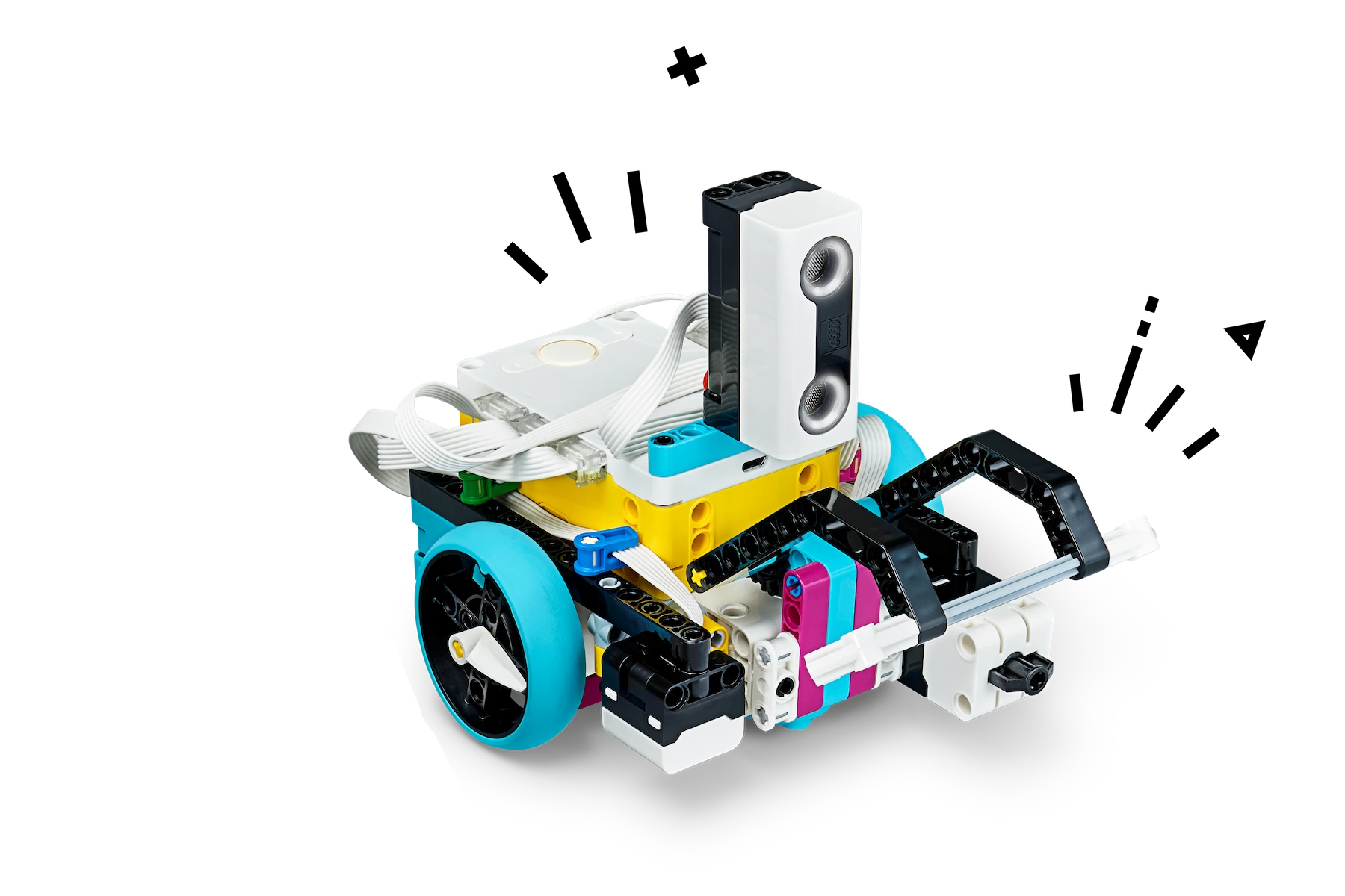 Base motriz simple de LEGO Education SPIKE Prime con Sensor de distancia y brazo