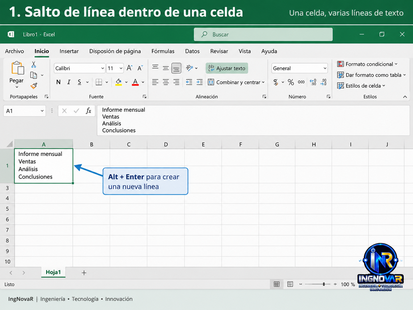 Salto de línea dentro de una celda de Excel usando Alt + Enter