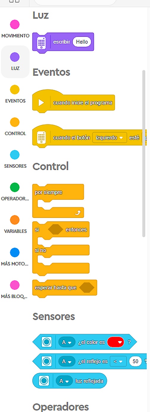 Categorías Eventos Control Sensores y Movimiento en SPIKE