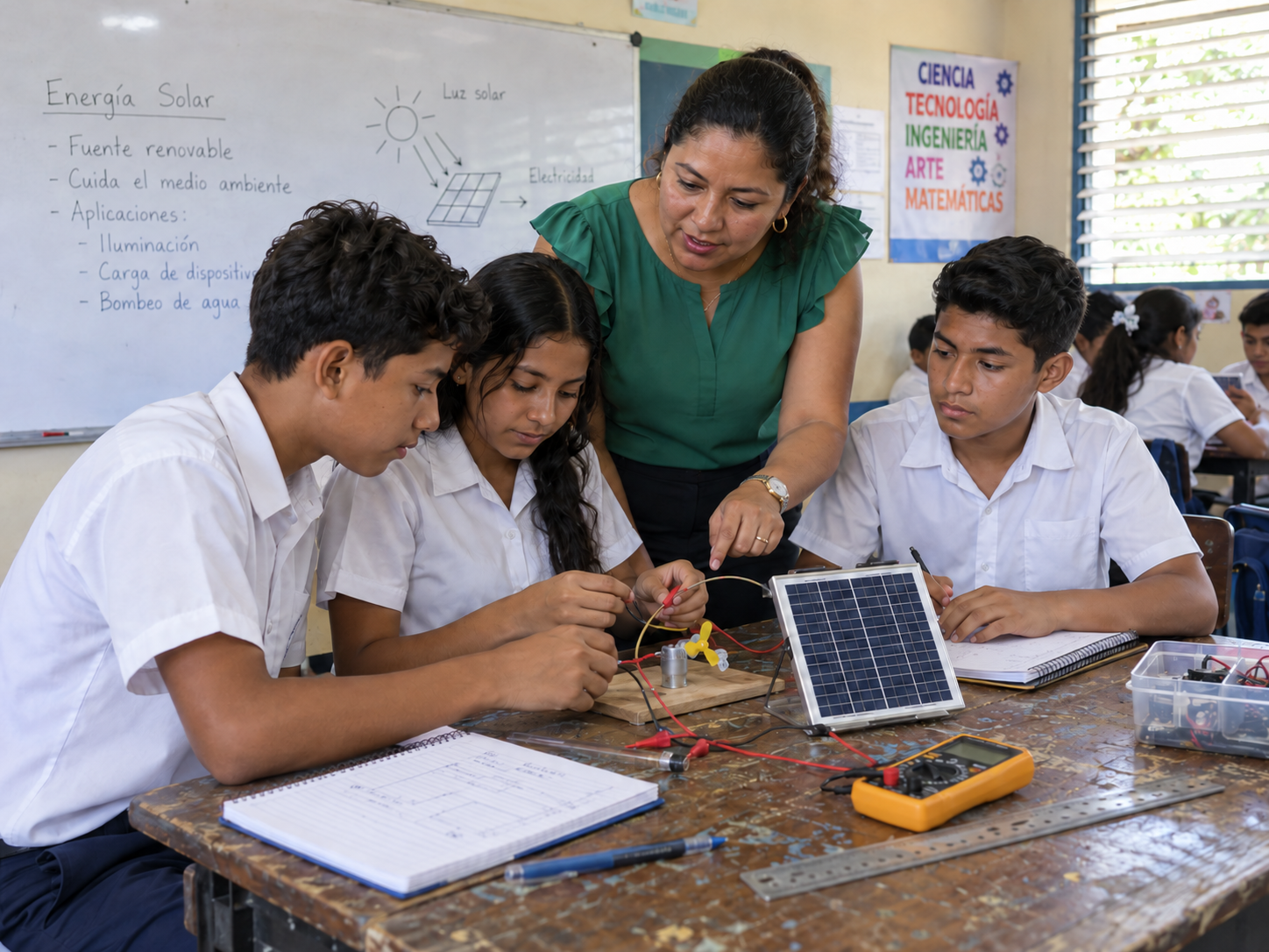 Estudiantes de secundaria en Nicaragua desarrollando un proyecto STEAM de energía solar