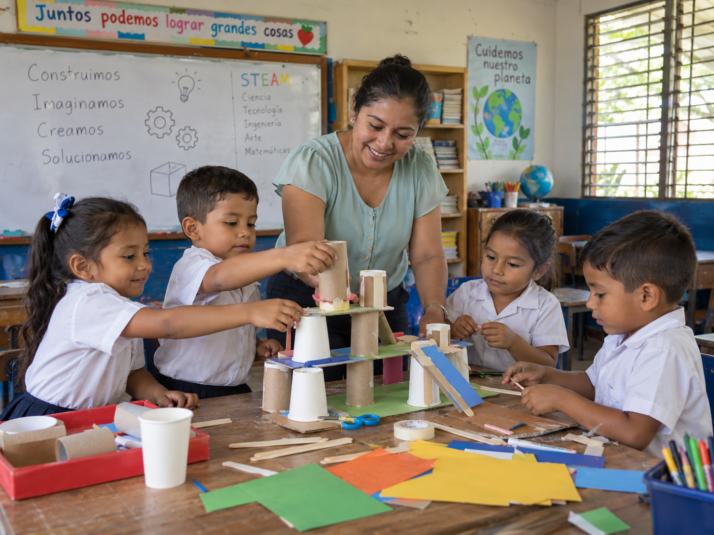 Actividad STEAM en preescolar con estudiantes de Nicaragua construyendo con materiales reutilizables