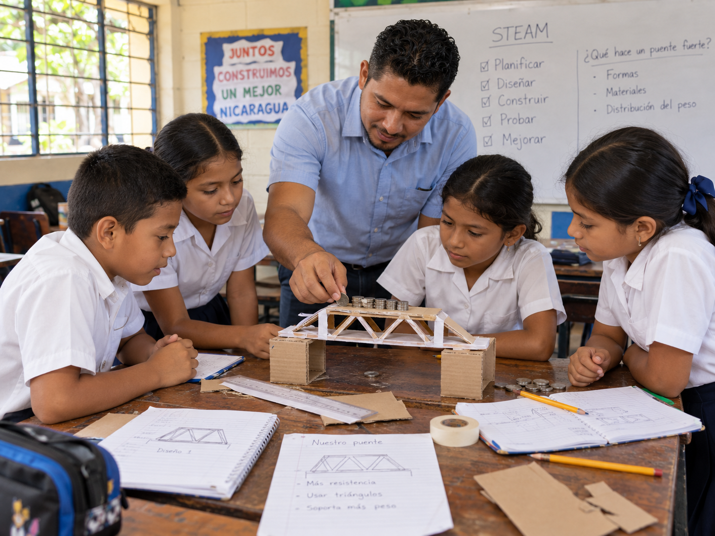Estudiantes de primaria en Nicaragua desarrollando un proyecto STEAM de construcción de un puente