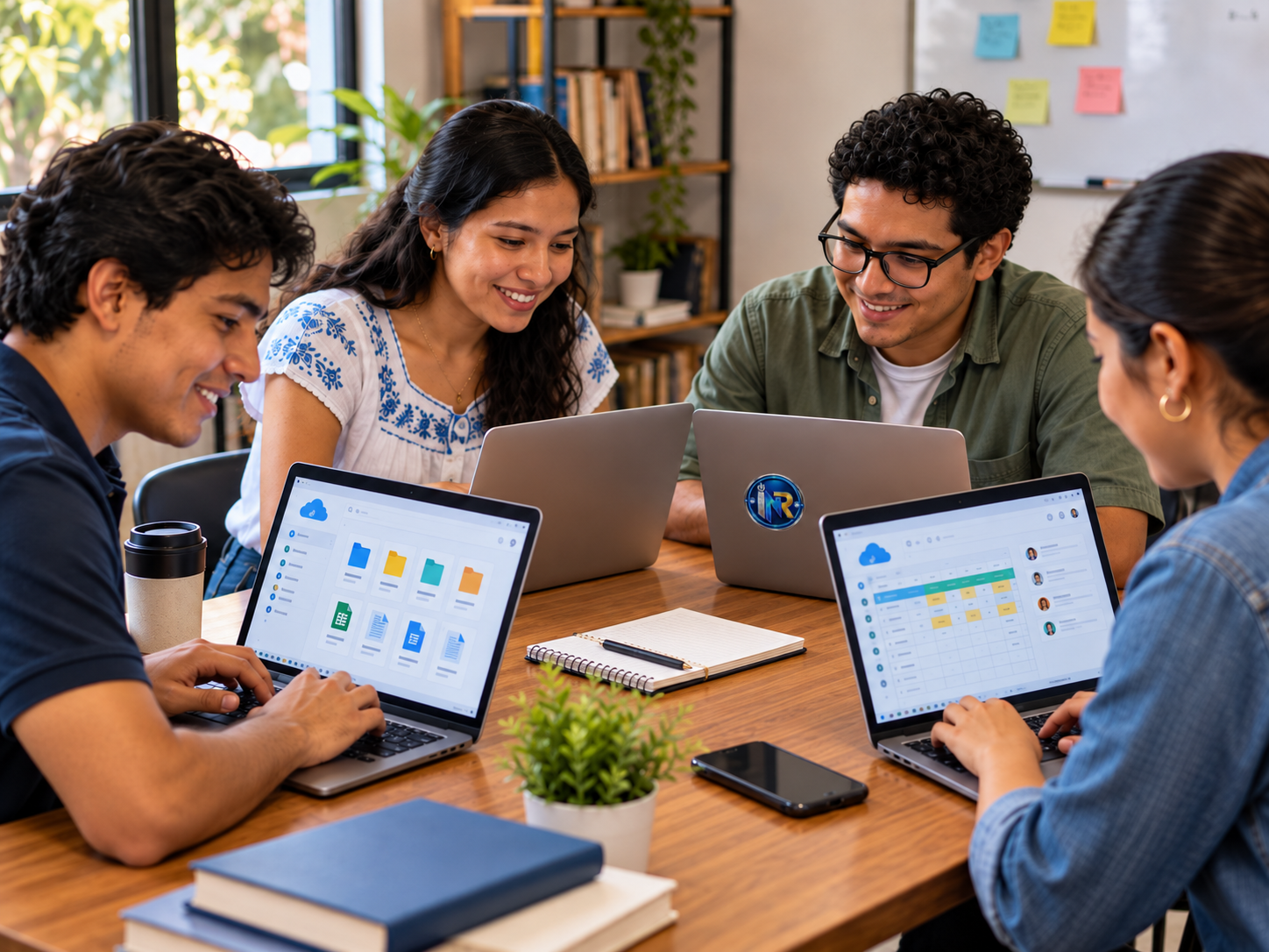 Cuatro personas colaborando con cuatro laptops, una con una calcomanía de IngNovaR.