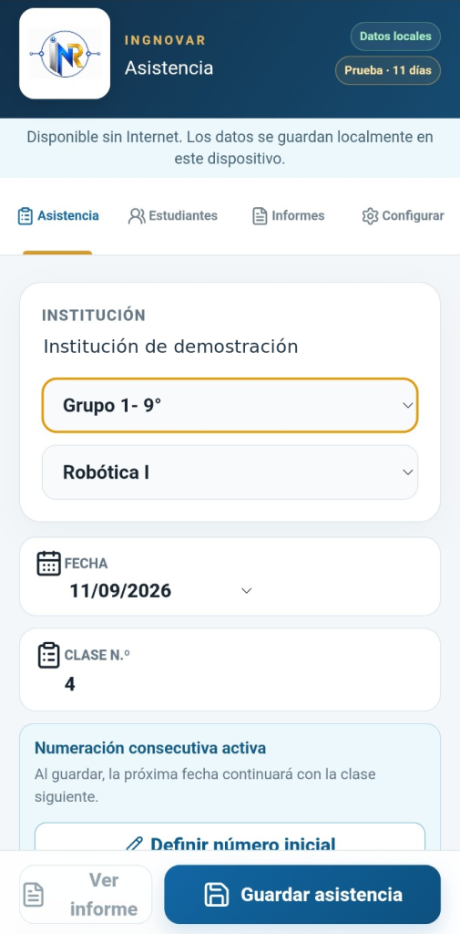 Selección de grupo, asignatura y fecha en IngNovaR Asistencia para Android. Institución anonimizada.