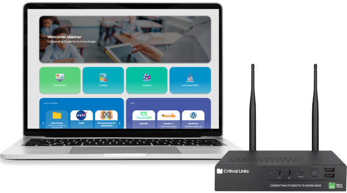Imagen oficial de una laptop con el portal educativo C3 y un dispositivo Micro-Cloud