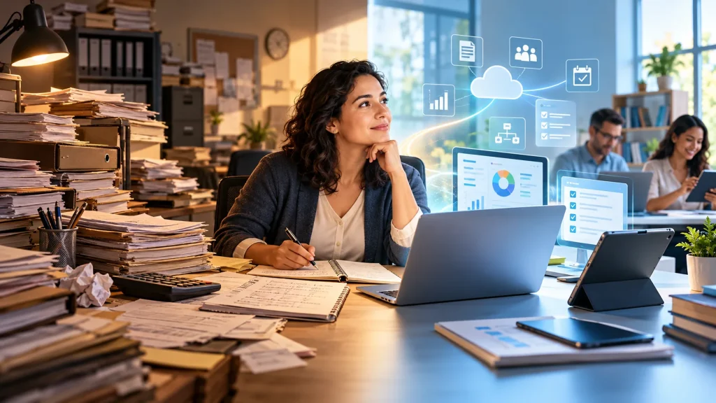 Profesional entre archivos en papel y herramientas digitales de colaboración y automatización.