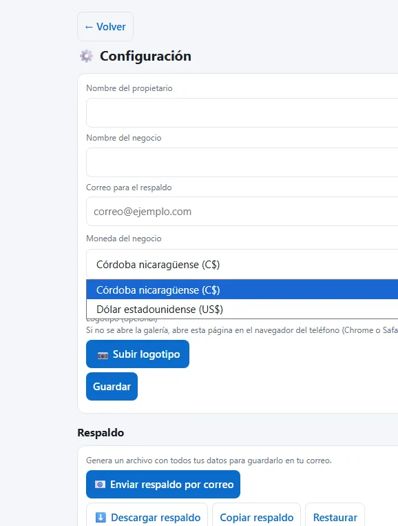 Captura real de configuración de VAC, con opciones de moneda en córdobas y dólares.