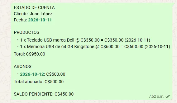 Captura real del mensaje de estado de cuenta de VAC con productos, pagos y saldo.