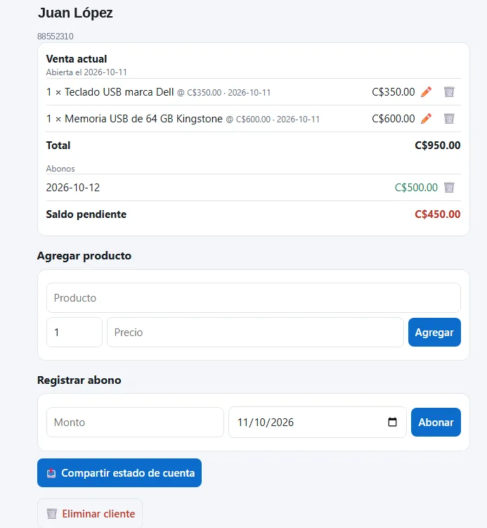 Captura real del registro de un abono con su fecha y saldo restante en VAC.