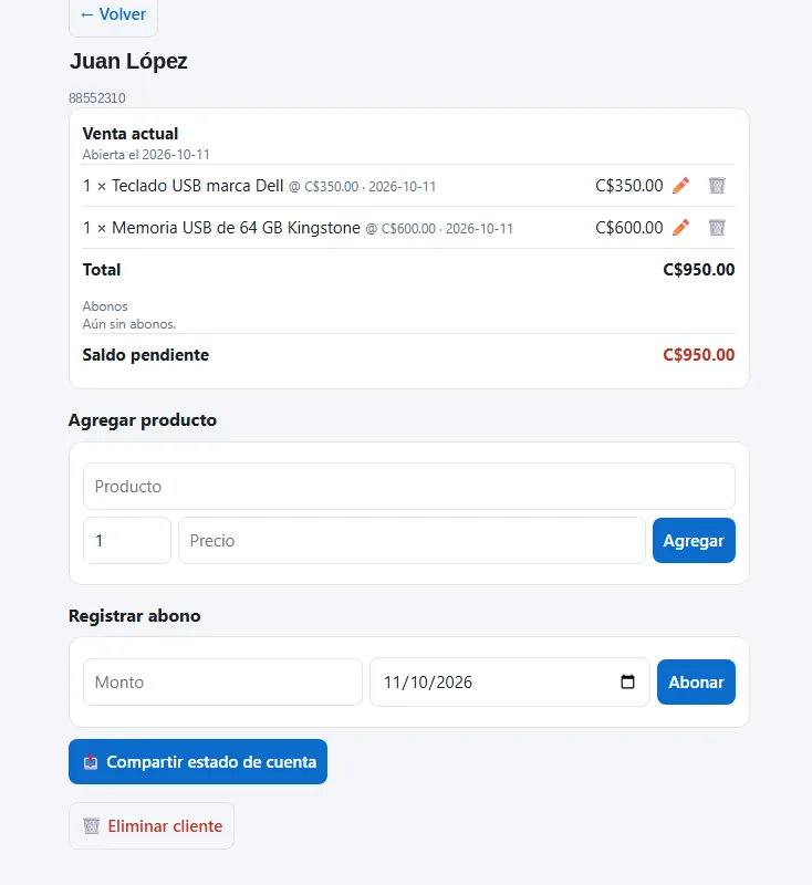 Captura real del registro de venta con cliente ficticio, productos, precios y saldo pendiente.